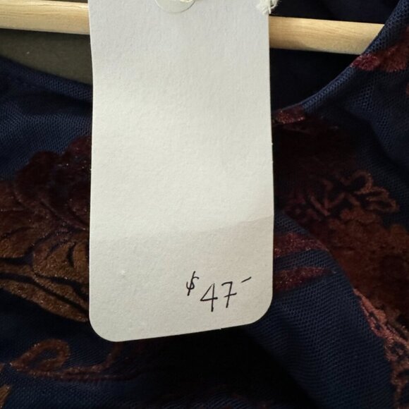 She‎ + Sky Silk Navy Blue Copper Velvet Burnout Button Keyhole Peasant Tunic Top - Picture 4 of 8